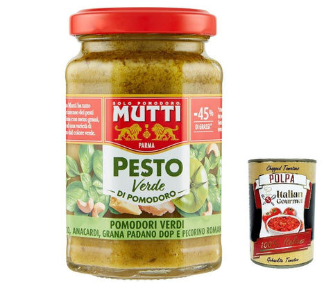 3 x Mutti Pesto Verde Pomodori Verdi Green Tomato Pesto Pasta Sauce 100% Italian Tomato Jar 180 g Seasoning Sauces with Cashew Nuts, Grana Padano and Pecorino Romano + Italian Gourmet Polpa 400 g