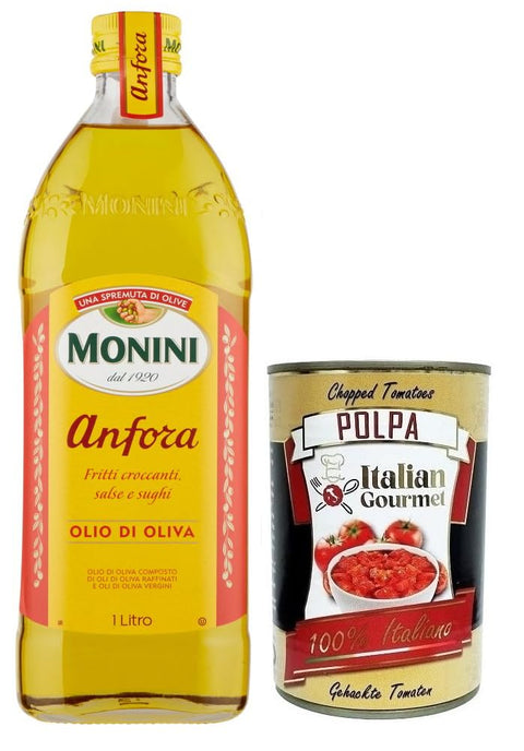 Monini Anfora Olio Di Oliva, Olive Oil, Ideal for Crispy Fried Foods, Sauces and Gravies, Glass 1 Litre + Italian Gourmet Polpa di Pomodoro 400 g Tin