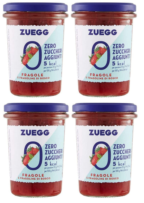 Zuegg Fragole e Fragoline di Bosco Strawberries and Wild Strawberries Jam Jam No Added Sugar, Free from Preservatives, 220 g Glass + Italian Gourmet Polpa di Pomodoro 400 g Tub, Pack of 4