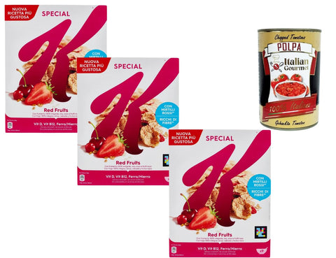 Special K Red Fruits Breakfast Cereals 3 x 290 g Crispy Whole Grain Flakes with Red Fruits Fibre-Rich Vitamins Iron Family Supply + Italian Gourmet Polpa