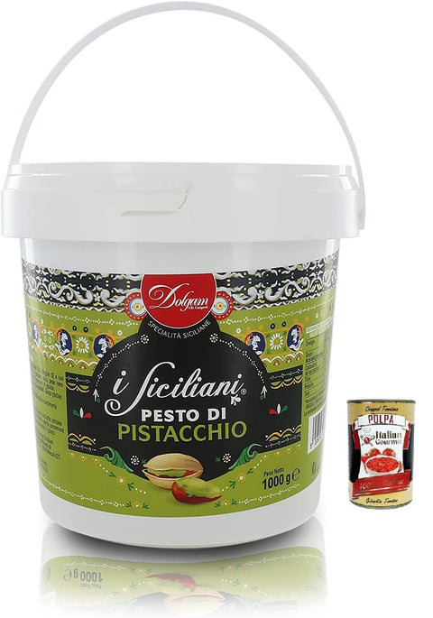 Dolgam I Siciliani Pistachio Pesto Gluten-Free, Sicilian Specialities, 1000 g Bucket, Pistachios from Sicily with 65% + Italian Gourmet Polpa di Pomodoro 400 g Tin