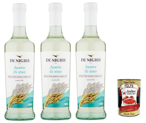 De Nigris, Aceto di riso, rice vinegar, ideal for seasoning sushi and salads, gluten-free, 3 x 500 g + Italian gourmet polpa 400 g