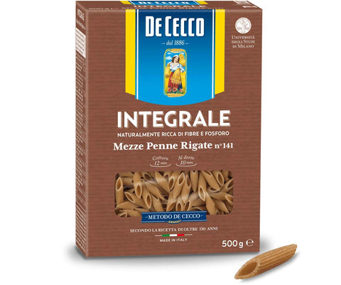 De Cecco Pasta Mezze Penne Rigate Integrali Whole Grain Italian Pasta 500 g Pack of 20