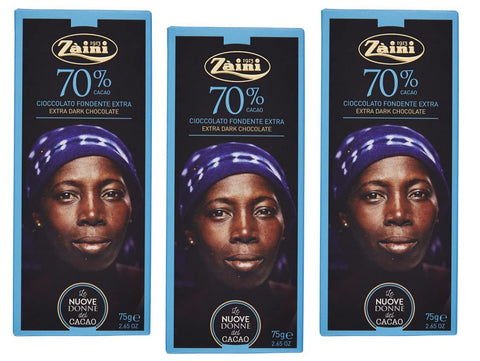 3x Zaini Tavoletta Cioccolato Fondente Extra Dark Chocolate Bar 70% Cocoa 75g