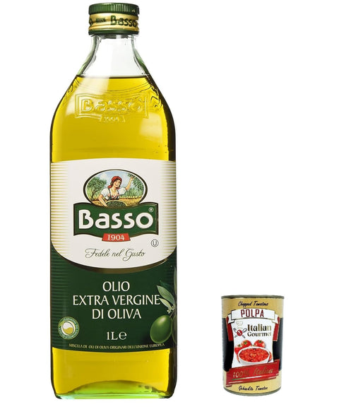 3 x Basso olio extra virgin di oliva, 100% Italian extra virgin olive oil cold pressed, 1 lt + Italian gourmet polpa 400 g