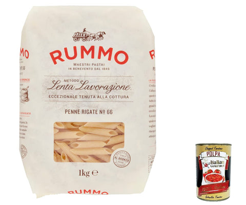 Rummo Penne Rigate N. 66 Durum Wheat Semolina Pasta Italian Noodles 1 kg Pack + Italian Gourmet Polpa di Pomodoro 400 g Tub Pack of 8