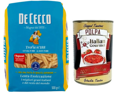 De Cecco Trofie N°188 Durum Wheat Semolina Pasta, Italian Wheat, 500 g Pack + Italian Gourmet Polpa di Pomodoro 400 g Tin