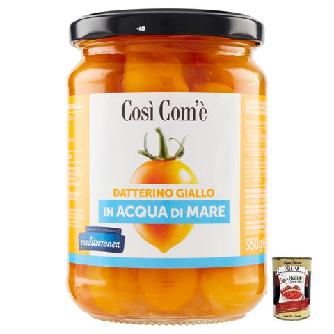 Così Com'è Datterino Giallo, Yellow Datterino Tomato in Seawater, Italian Tomatoes, 350 g Jar + Italian Gourmet Polpa di Pomodoro 400 g Tin