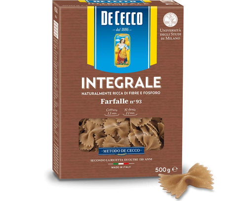 Pasta De Cecco Farfalle integrali n. 93 Full Grain Italian Pasta, 500 g, Pack of 20