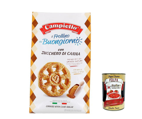6 x Campeillo, Il Frollino del Buongiorno con Zucchero di Canna, biscuits with brown sugar, biscuits cookies 700 g + Italian gourmet polpa 400 g