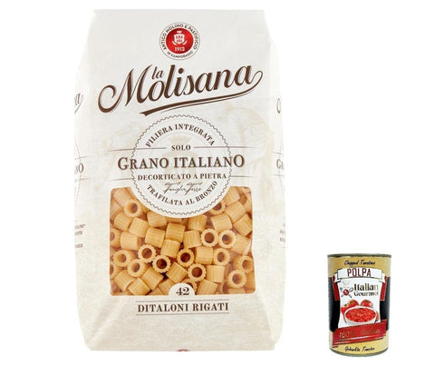 La Molisana Ditaloni Rigati N. 42 Pasta Lenta Lavorazione Pasta Made of Durum Wheat Semolina Bronze Drawing 500 g + Italian Gourmet Polpa 400 g Pack of 20