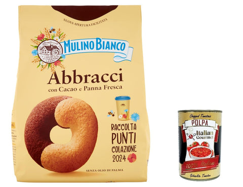12 x Mulino Bianco Abbracci Shortbread Biscuits with Cocoa and Fresh Cream, No Palm Oil, Taste-Intensive Breakfast, 700 g + Italian Gourmet Polpa 400 g
