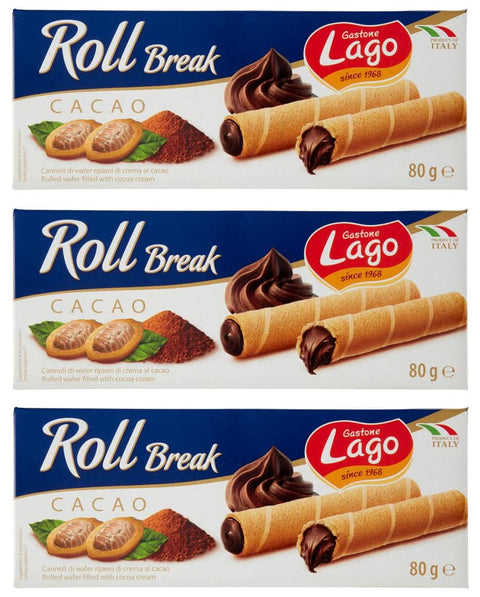 Gastone Lago Roll Break Cacao Waffle Pad Wafer Filled with Cocoa Cream 80 g Pack of 3