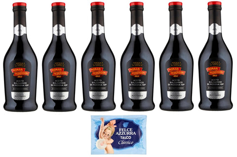 Pack of 6 Monari Federzoni Aceto Balsamico di Modena I.G.P.Gusto Rotondo, Balsamic Vinegar from Modena I.G.P. 500 ml Glass Bottle + 1 Pack Free Felce Azzurra Talcum Powder, 100 g Bag