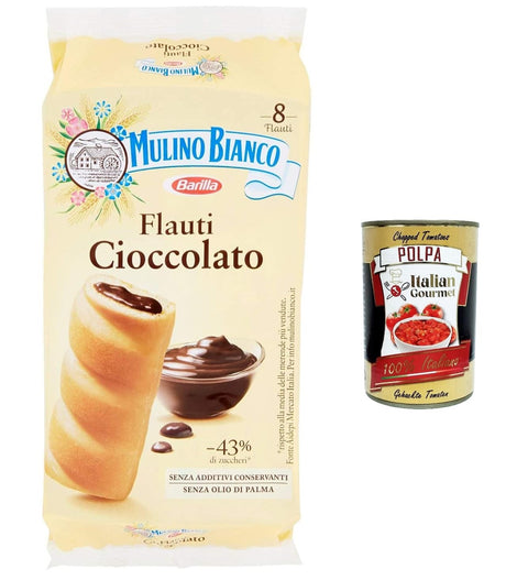 3 x Mulino Bianco Flauti, Snacks with Chocolate, Cake Sweet Snack for in Between – 280 g + Italian Gourmet Polpa 400 g
