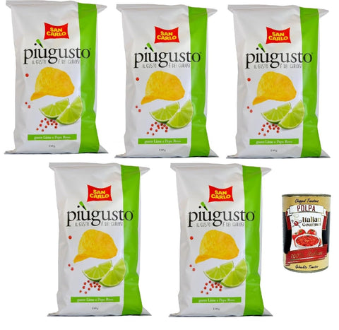 San Carlo Più Gusto Lime e Pepe Rosa Patatine, Lime and Pink Pepper, Potato Chips Chips, 5 x 150 g Bag + Italian Gourmet Polpa 400 g