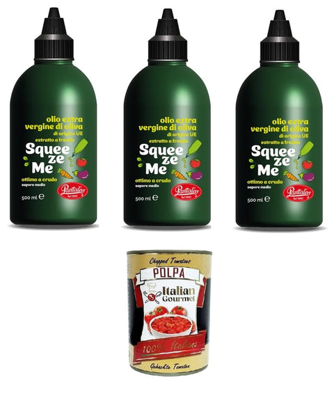 Pantaleo Extra Virgin Olive Oil "Squeeze Me" 3 x 500 ml - Cold Pressed - Fruity & Mild - Squeeze Bottle + Italian Gourmet Polpa 400 g