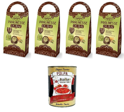 Crispo Pralinesse Dubai Style Oriental Luxury in Chocolate Form - Finest Chocolate with Pistachio and Kadayif Filling 4 x 150 g + Italian Gourmet Polpa 400 g