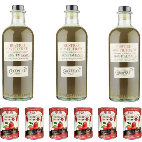 3 x Carapelli Non Filtrato 1 L olio vergine oliva extra virgin olive oil + Italian gourmet 100% Italian peeled tomato tins 6 x 400 g