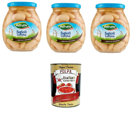 3 x Valfrutta Fagioli Corona, Italian Corona Beans, Legumes Vegetables Boiled Beans, Glass 360 g + Italian Gourmet Polpa di Pomodoro 400 g Tin