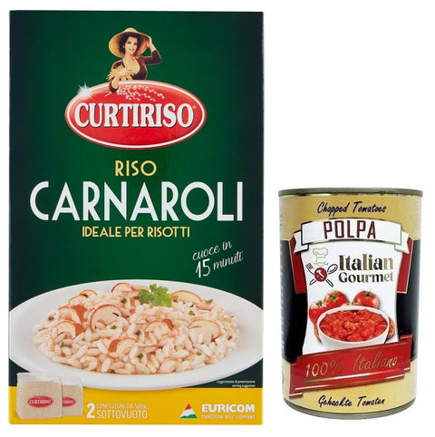 Curtiriso Riso Carnaroli, 100% Italian Rice, Ideal for Risottos, Cooking Time 15 Minutes, Pack of 1 kg + Italian Gourmet Polpa di Pomodoro 400 g Tin