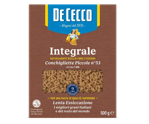 De Cecco Piccole n°53 Integrali Conchigliette Pasta, Whole Grain Pasta, 500 g, Pack of 12