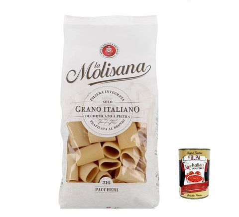 La Molisana Paccheri N. 316 Pasta Lenta Lavorazione Pasta Made of Durum Wheat Semolina Bronze Drawing 500 g + Italian Gourmet Polpa 400 g Pack of 12