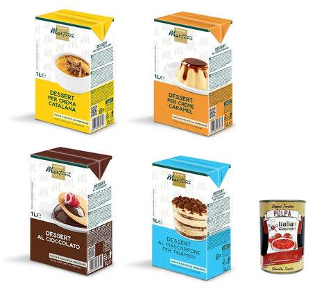 Master Martini Test Pack Base for Dessert Crema Catalana. Tiramisu, Crèm Caramel, Chocolate Dessert 4 x 1 Litre + Italian Gourmet Polpa 400 g
