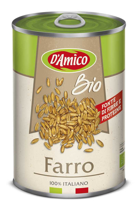 D'Amico Farro Organic Spelt Naturally Cooked Italian Origin Only 3 Ingredients Water, Spelt and Salt Fibre and Protein Source 400 g Tin Pack of 12