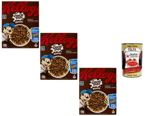 Coco Pops Risetti Chocolate Rice Breakfast Cereals 3 x 330 g Crispy Cocoa Flakes with Vitamins and Iron Family Pack + Italian Gourmet Polpa