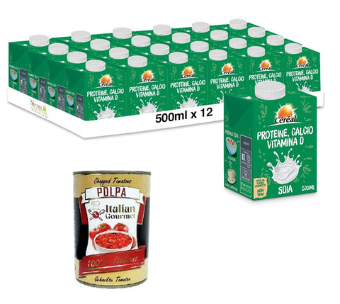 Cèrèal Bevanda di Soia Nature Natural Soy Drink, Rich in Proteins, Natural Flavour 12 x 500 ml + Italian Gourmet Polpa 400 g