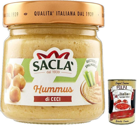 Saclà, Hummus di Ceci, Cream of Chickpeas and Sesame Seeds, Flavoured with Extra Virgin Olive Oil, Glass 190 g + Italian Gourmet Polpa di Pomodoro 400 g Tin