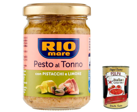 12 x Rio Mare Pesto al Tonno con Pistacchi e Limone, Tuna Pesto Cooking Sauce with Pistachios and Lemon 130 g + Italian Gourmet Polpa 400 g