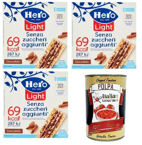 Hero Light Barrette al Cioccolato Senza zuccheri aggiunti Chocolate Bar without Added Sugar 3 x 120 g + Italian Gourmet Polpa 400 g
