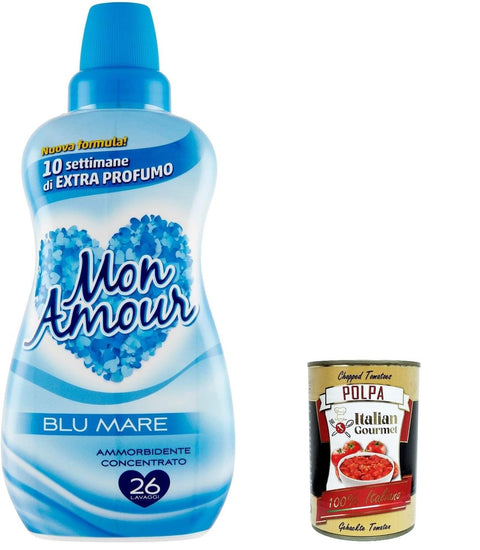 6 x Felce Azzurra Mon Amour Blu Mare Ammorbidente Concentrato, Concentrated Fabric Softener, 26 Washes, 650 ml + Italian Gourmet Polpa 400