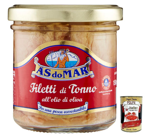 AS do MAR Filetti di Tonno all'Olio di Oliva, Tuna Fillets in Olive Oil, 150 g Glass + Italian Gourmet Polpa di Pomodoro 400 g Tin