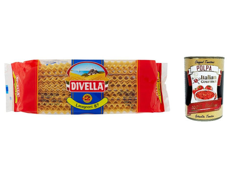 5 x Divella Pasta 100% Italian Lasagnoni 87, pasta 500 g + Italian gourmet polpa 400 g
