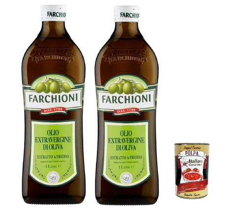 Farchioni Extra vergine di oliva Classico, extra virgin olive oil 2 x 1 litre, olio vergine oliva 1 lt + Italian gourmet polpa 400 g
