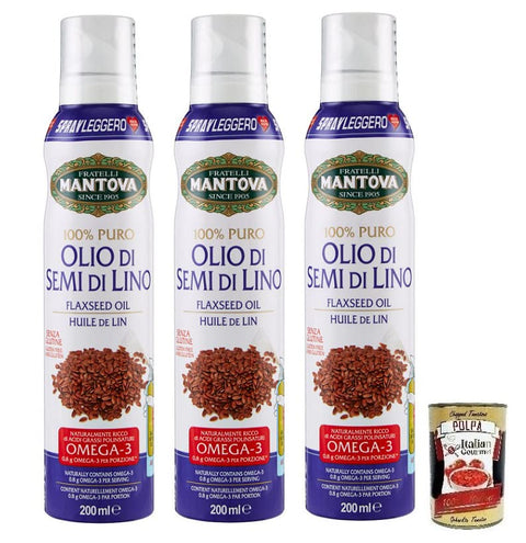 3 x Fratelli Mantova Olio Spray Semi di Lino Linseed Oil, Linseed Oil Spray, Rich in Omega 3, Gluten-Free 200 ml + Italian Gourmet Polpa di Pomodoro 400 g Tin