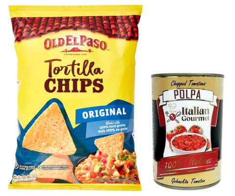 Old el Paso Original Tortilla Chips, Mexican Specialities, Corn Chips, Lightly Salted, Corn Snacks for Dipping in Sauce, Bag of 185 g + Italian Gourmet Polpa di Pomodoro 400 g Tin