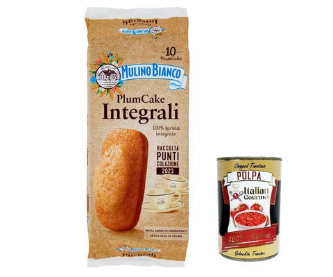 3 x Mulino Bianco Plumcake Integrali Whole Grain Plum Cake Snack with 100% Whole Grain Flour 10 Pieces 330 g + Italian Gourmet Polpa 400 g