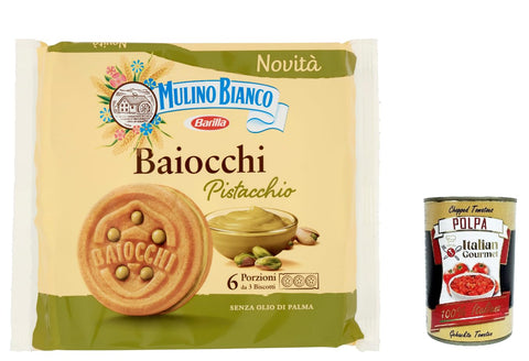 6 x Mulino Bianco Baiocchi Pistachio Biscuits, Pistachio Pastries, Ideal for Breakfast or Snack, Palm Oil Free, 6 Servings of 3 Biscuits + Italian Gourmet Polpa 400 g