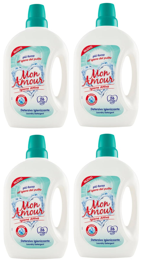 Pack of 4 Felce Azzurra Mon Amour Igiene Attiva Detersivo Igienizzante, Hygiene Liquid Detergent for Coloured Clothes, 26 Washes, 1.560 L