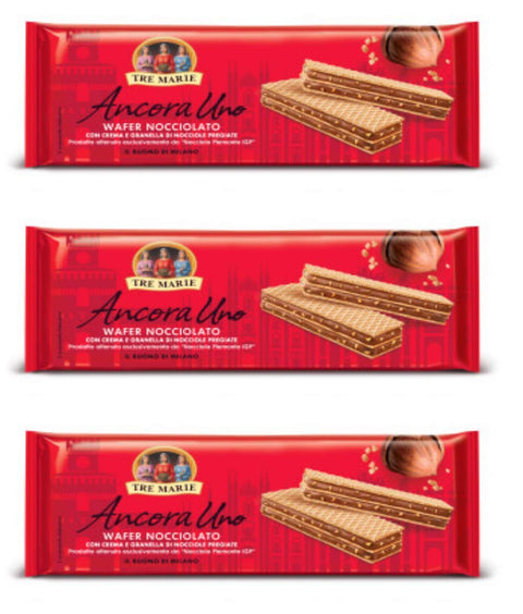 Tre Marie Ancora Uno Wafer Nocciolato Waffle Filled with Hazelnut Cream and Chopped Hazelnuts, 140 g, Pack of 3