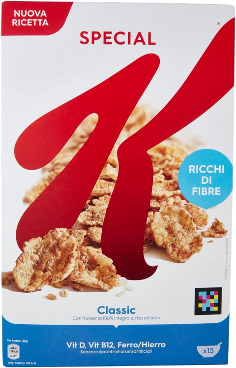 12 x Kellogg's Special K Classic Crispy Grain Flakes with Whole Wheat - Fibre-Rich Breakfast Cereals - Natural Pleasure without Artificial Colours and Flavourings 450 g