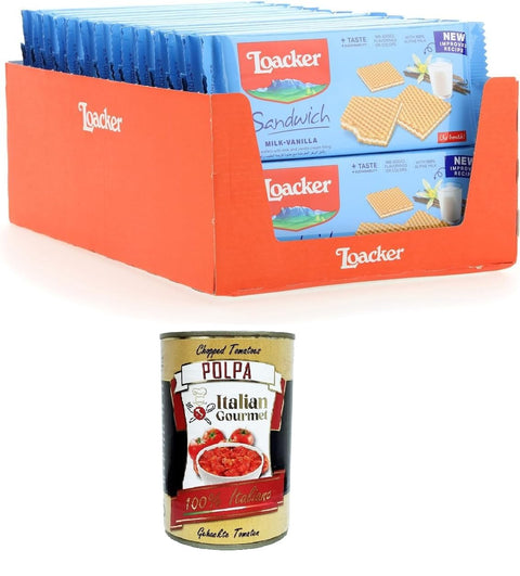 Loacker - Milk Vanilla Sandwich - Waffle Biscuits with a Heart of Milk and Vanilla Cream Wrapped by 2 Crispy Cocoa Wafers 28 x 75 g + Italian Gourmet Polpa di Pomodoro 400 g