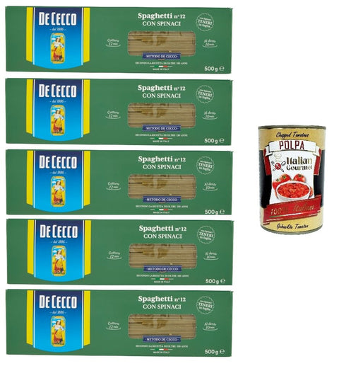 De Cecco Spaghetti No. 12 with Spinach 500 g + Italian Gourmet Polpa 400 g Pack of 5