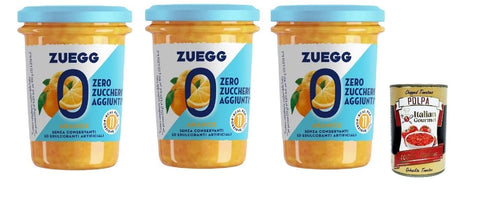 Zuegg Zero Arance Orange Jam Jam without Added Sugar, Free from Preservatives, 3 x 220 g Glass + Italian Gourmet Polpa di Pomodoro 400 g Tin