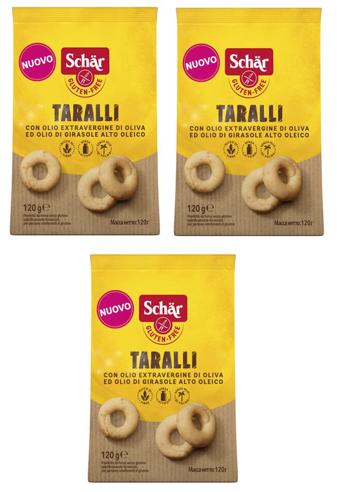 3 x Schär Gluten Free Taralli with Extra Virgin Olive Oil and Sunflower Oil Salty Snack Gluten Free 120 g Bag Perfect Aperitif Snack