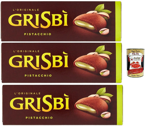 Grisbì Pistacchio - Filled Biscuits with Pistachio Cream, Italian Pastry, 3 x 135 g - Crispy Exterior, Creamy Inside - by Matilde Vicenzi + Italian Gourmet Polpa 400g